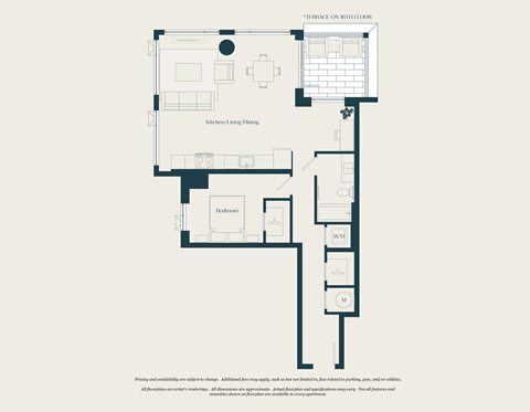 Floor plan for 1 bed, 1 bath, 887 sqft